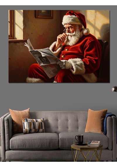 Gazete Okuyan Noel Baba Figürü Dekoratif Kanvas - Mdf Ahşap Tablo