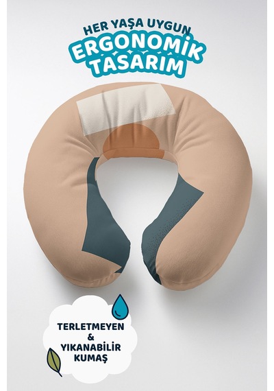 Soyut Geometrik Desenli Ergonomik Boyun Yastığı - Modern Minimal Bej Lacivert Seyahat Yastığı Sedefli Gece Mercan