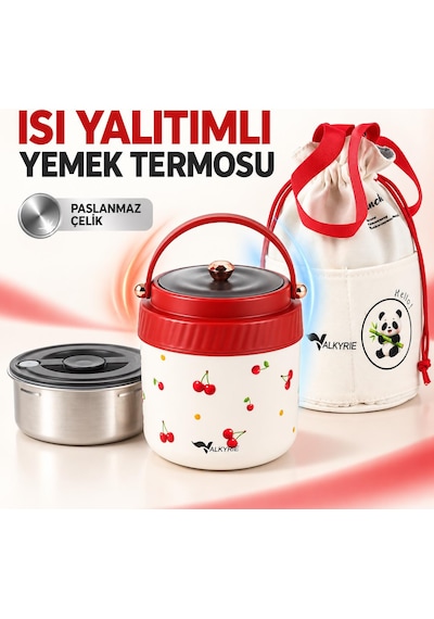 Valkyrie 1200 Ml Yalıtımlı Yemek Termosu Seti Paslanmaz Çelik İç Hazneli Yalıtımlı Taşıma Çantalı Kırmızı
