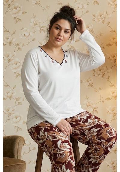 Siyah İnci Desenli Nakışlı Büyük Beden Battal Boy Viskon Örme Pijama Takım 26224843 Ekru