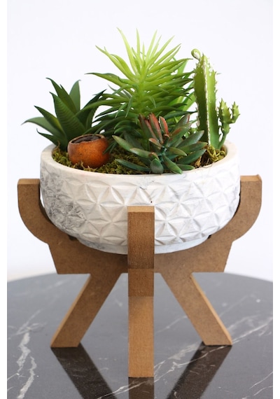 Yapay Çiçek Deposu Ahşap Ayaklı Beton Saksıda Yapay Succulent Bahçesi