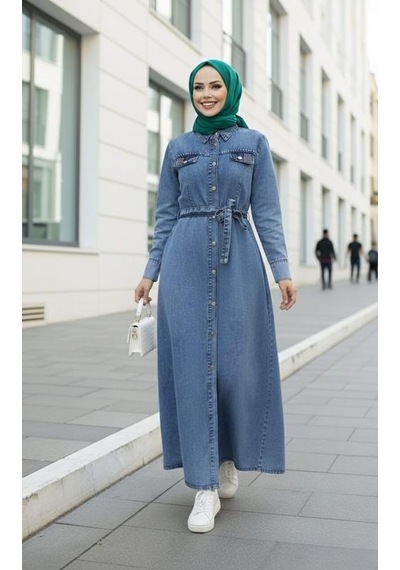 Hb Harma Time Butik Kadın Boncuk İşlemeli Düğmeli Kuşaklı Kot Mavi Elbise