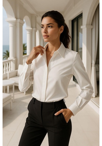 Rich Kadın Ekru Gizli Düğme Detaylı Slim Fit Trend Krep Gömlek Çok Renkli
