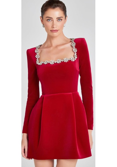 Hanife Glam Couture Hanife Glam Kare Yaka Taşlı Mini Kadife Elbise Kırmızı