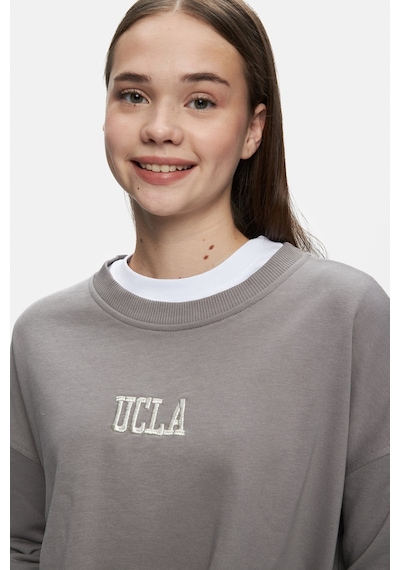 Ucla Olvera Gri Bisiklet Yaka Nakışlı Loose Fit Kadın Sweatshirt Gri
