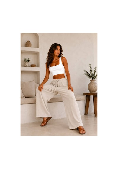Hira Life Fashion Kadın Kumaşı Kabartma Detaylı Bol Paça Ve Önü Bağcıklı Salaş Burgu Şık Pantolon Bej Bej Hira Life Fashion Kadın Kumaşı Kabartma Detaylı Bol Paça Ve Önü Bağcıklı Salaş Burgu Şık Pantolon Bej Bej
