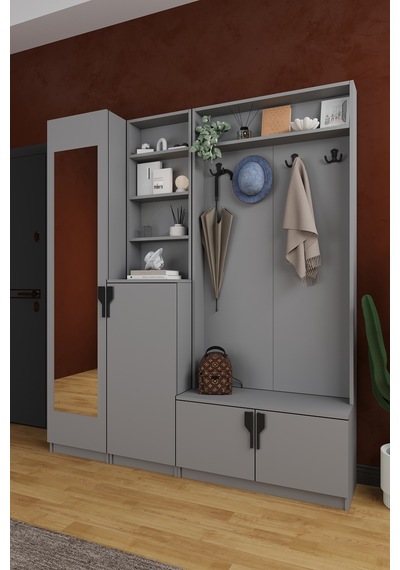 Lüks Aynalı Portmanto Askılı Vestiyer %100 Mdf Çok Raflı Ayakkabılık V03 Kül Gri