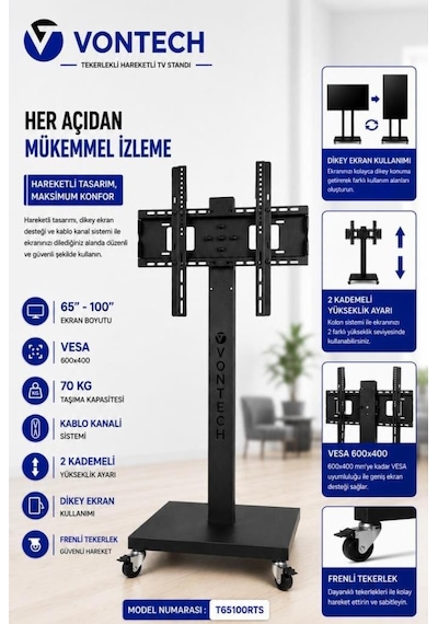 Vontech T65100rts 65-100'' Tekerlekli Ayaklı Lcd-led Tv Standı