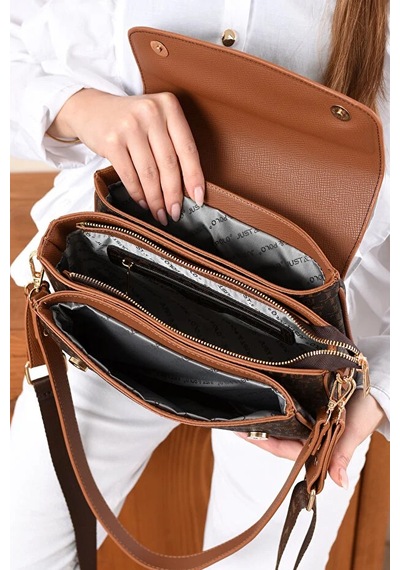 Just Polo Kadın Baskılı Ayarlanabilir Askılı Şık Ve Lüks El & Omuz Çantası Shoulder Bag Kahverengi Taba