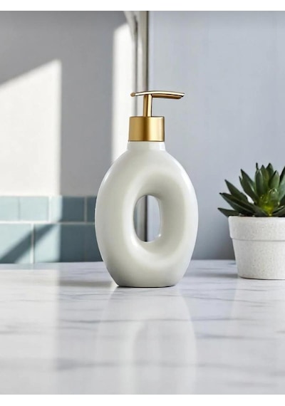 Gold Tasarımlı Lüx Porselen Banyo Ve Mutfak Sıvı Sabunluk Beyaz