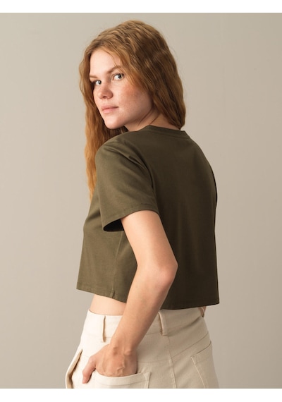 Xint Haki Regular Fit Bisiklet Yaka Pamuklu Modal Crop 602268