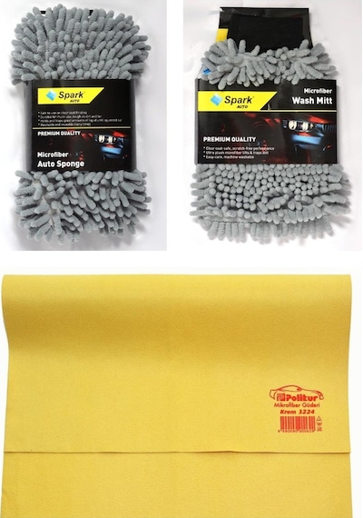 Spark 7040 Oto Yıkama Süngeri & Spark 7050 Temizlik Eldiveni & Polikur 3224 Güderi Bez 3'lü Set