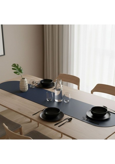1 Adet Deri Runner-40x140 Cm-deri Masa Örtüsü Lacivert