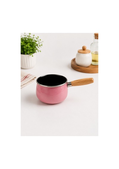 14 Cm Emaye Sütlük Ahşap Saplı Süt Cezvesi Sosluk 1200ml 9 Cm Derinlik Pembe