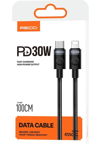 Recci Rs50cl Type-c To Lightning Pd Hızlı Şarj Özellikli Data Ve Şarj Kablosu 30w 1m Siyah