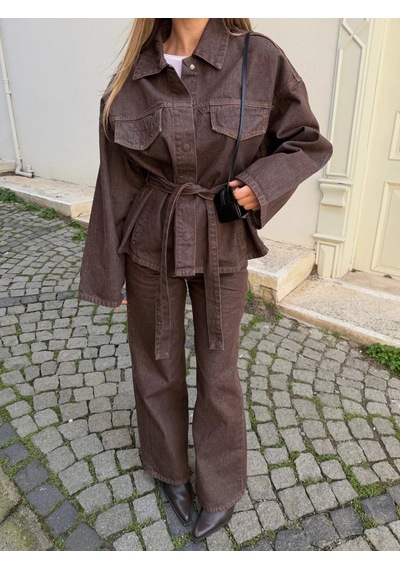 Mürdüm Bağlamalı Denim Ceket Pantolon Takım