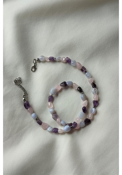 Badeaccessories Ametist Akuamarin Pembe Kuvars Amorf Doğaltaş Kolye Altın