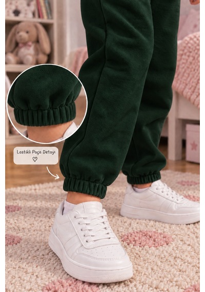 We&me Kız Çocuk Eşofman Altı 3 İplik Şardonlu Lastikli Bel Ve Paça Cepli Günlük Jogger Yeşil