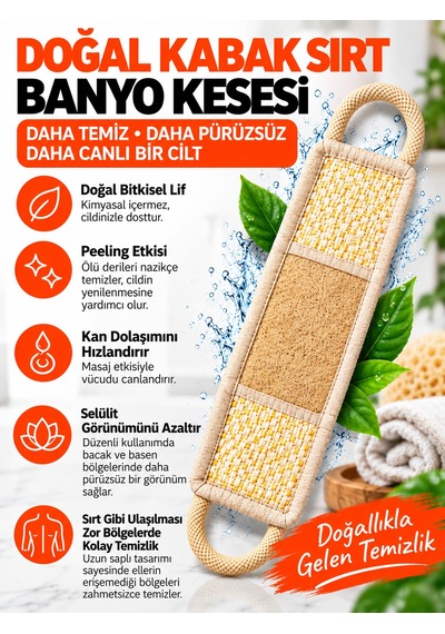 Hanex Doğal Kabak Lifi Sırt Kesesi Uzun Çift Saplı Banyo Duş Kesesi, Peeling Vücut Temizleme Lifi