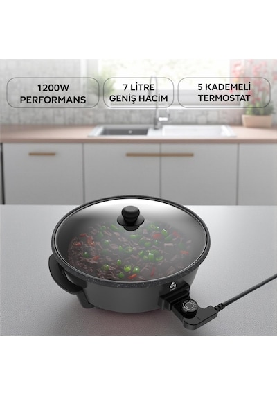 Tr King K2101 Tavazade Çok Amaçlı Pizza Tavası 40 Cm, 7l, 1200w, Cam Kapak Diğer
