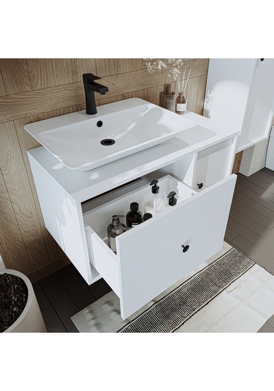 Çanak Lavabolu Mat Mdf 90 Cm Banyo Dolabı + Aynalı Dolap Beyaz Mat Beyaz