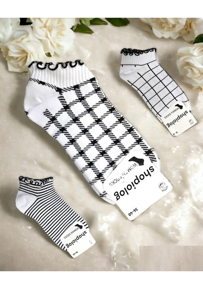 Shopiolog Sevimli Marul Desenli Bilek Çorabı 3'lü Paket Siyah - Beyaz