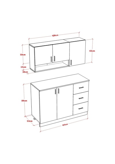 Bento Mini Mutfak Dolabı Alt Üst Modül 120 CM Çekmeceli Tezgah Dahil Beyaz