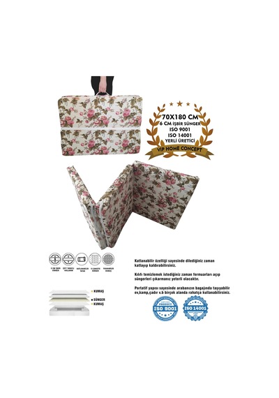 Katlanır Sünger Yatak 70x180x6cm İngiliz Gülü Minder Yatak Fermuarlı