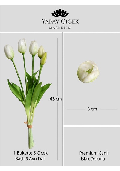 Beyaz Yapay Tulipa Lale Çiçeği Buketi 5 Dallı Premium Canlı Islak Dokulu 43 Cm