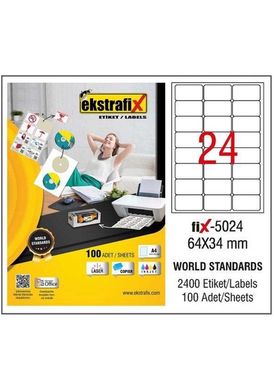 Ekstrafix Laser Etiket 100 Yp 64X34 Laser-Copy-Inkjet Fix-5024