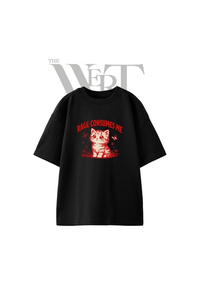 Thewert Rage Kitten 1 Tasarım Baskılı Ünisex Siyah Oversize T-shirt