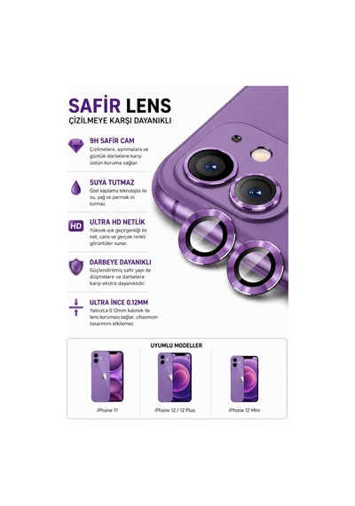 Apple iPhone Uyumlu  11 / 12 / 12 Mini Purple Mor Metal Kamera Lens Koruyucu Safir Cam Ultra Net Hd
