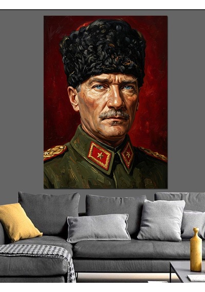 Kalpaklı Atatürk Asker Portresi Dekoratif Kanvas - Mdf Ahşap Tablo