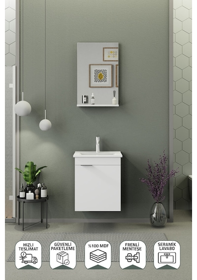 Biani Fix Arya Slım 50 Cm Banyo Dolabı,Seramik Lavabolu, Aynalı,Lavabo Dahil,Mdf,Mat Beyaz