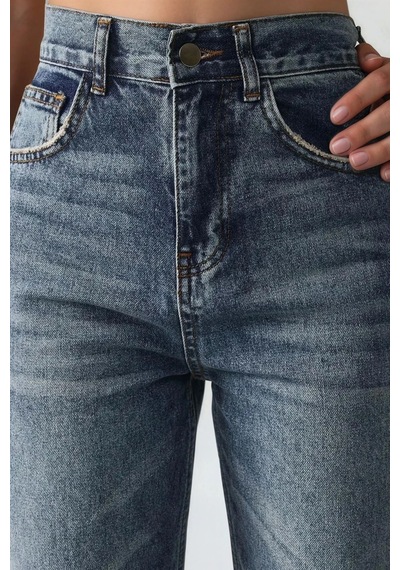 Hiccup Orta Bel Straight Leg Denim Pantolon Orta Mavi Denim
