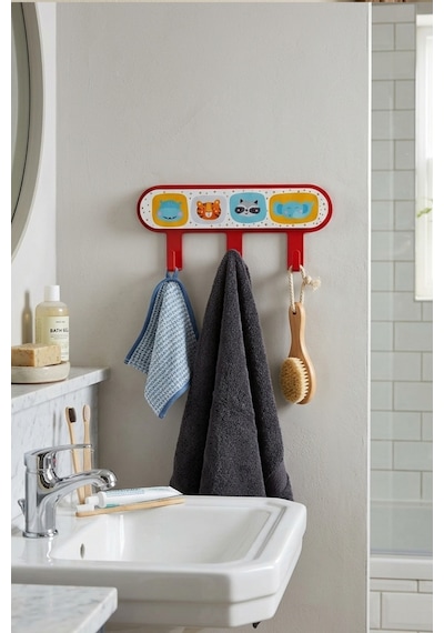 İronika Metal 3 Kancalı Yapışkanlı Desenli Anahtarlık Banyo Mutfak Havlu Askısı Kırmızı