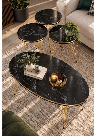Sulorahome Siyah Ve Gold Metal Tel Ayaklı 4'lü Sehpa Seti Siyah - Altın