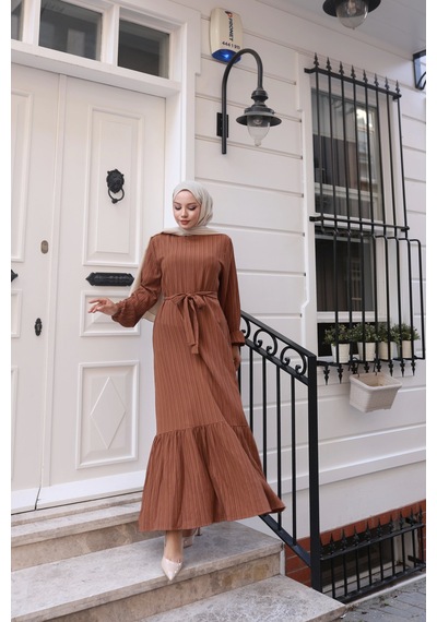 Nevayla Moda Lara Kumaş Bağlamalı Elbise - Taba / E0124 Taba