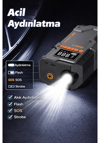 10000 Mah Akü Takviye & Hava Kompresörü 150 Psı Dijital Şarjlı Lastik Şişirme Cihazı