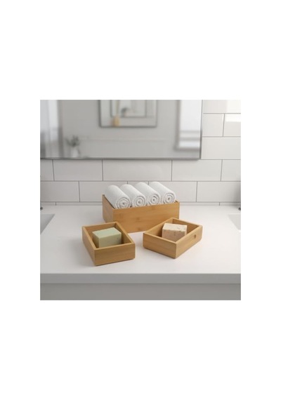3'lü Modüler Bambu Organizer Set, Çok Amaçlı Düzenleyici Açık Bej