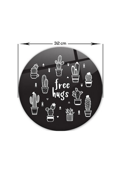 Decorita Cam Kesme Tahtası | Free Hugs - Siyah Fon | Çap32