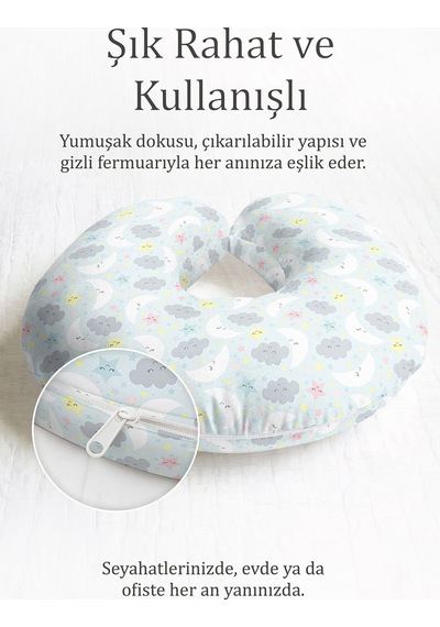 Ay Bulut Yıldız Desenli Pamuklu Boyun Yastığı - Pastel Mavi Gri Yumuşak Seyahat Yastığı Buzlu Deniz Çakıl