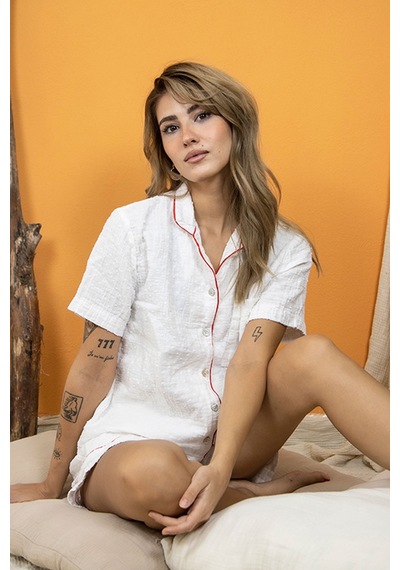 Varol %100 Pamuk Müslin Kadın Şortlu Pijama & Ev Giyim Takımı Beyaz Beyaz Varol %100 Pamuk Müslin Kadın Şortlu Pijama & Ev Giyim Takımı Beyaz Beyaz