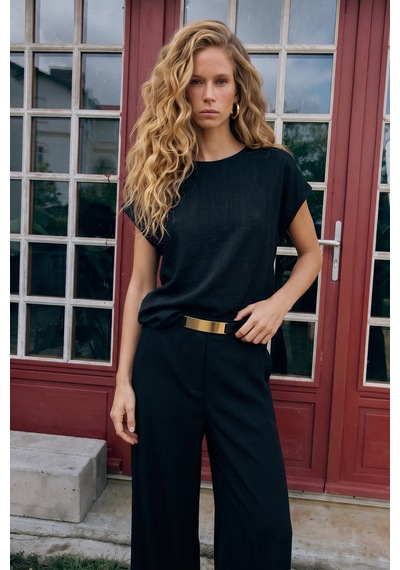 Sateen Kısa Kollu Bluz - Siyah-137674