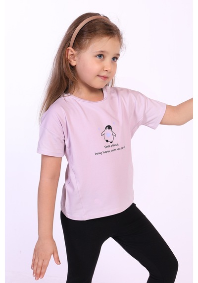 Toontoy Kids Toontoy Kız Çocuk Penguen Yazı Baskılı Tişört Açık Lila