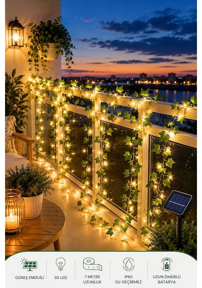 Solar Yapay Yaprak Şerit Led 7 Metre 50 Led, Güneş Enerjili Sarmaşık Dekoratif Aydınlatma, Balkon Bahçe Duvar Süs Lambası
