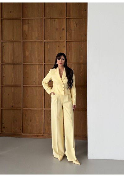 Lovelf Gold Düğmeli Kısa Ceketli Bol Paça Takım Limon
