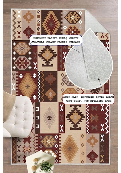 Dijital Baskılı Dekoratif Kaymaz Taban Yıkanabilir Kilim Desen Salon Halısı Yolluk Bordo