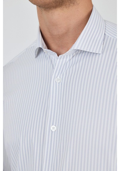 İmza Uzun Kol Çizgili Desen Bez Ayağı Sert Yaka Cepsiz Esnek Classic Slim Fit Gömlek 1004250159 Beyaz