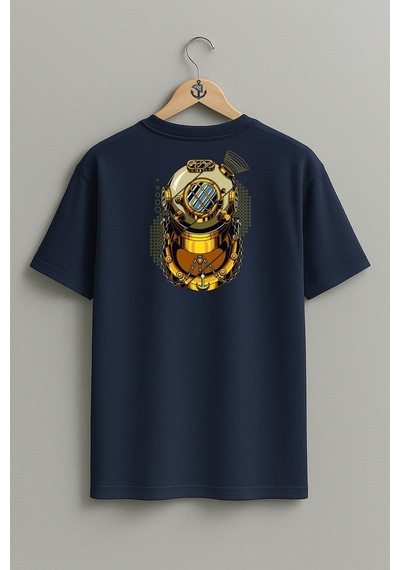 Oversize Gold Dalış Başlığı Cep Ve Sırt Tasarımlı Unisex T-shirt Lacivert